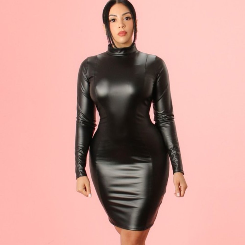 Women's Solid PU Leather Long Sleeve Bodycon Midi Dress